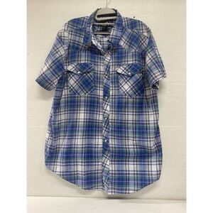 Casual Country Mens Shirt Size XXL‎ Blue Plaid Pearl Snap Short Sleeve Pocket